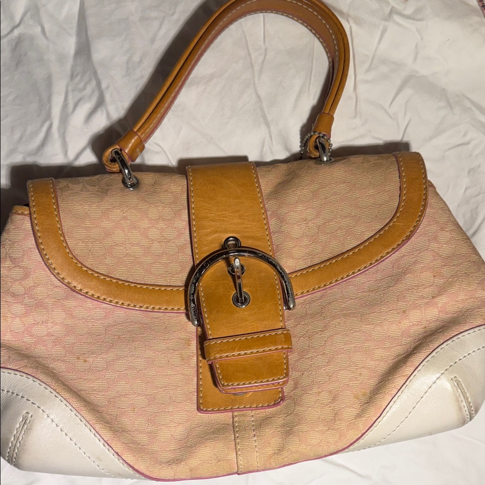 Coach Tan and Cream Shoulder Bag with Pink Accents